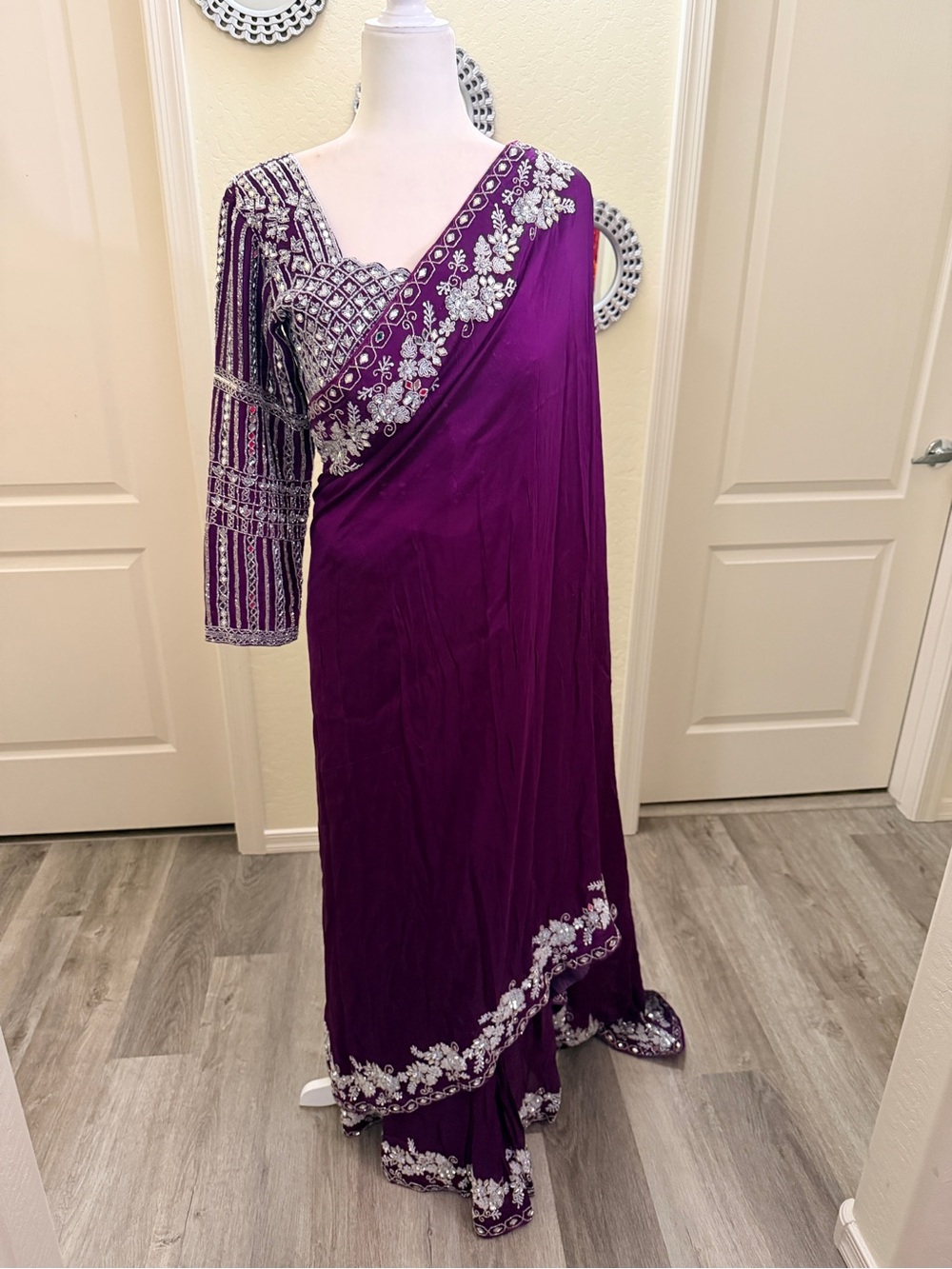 Purple Saree silver handwork